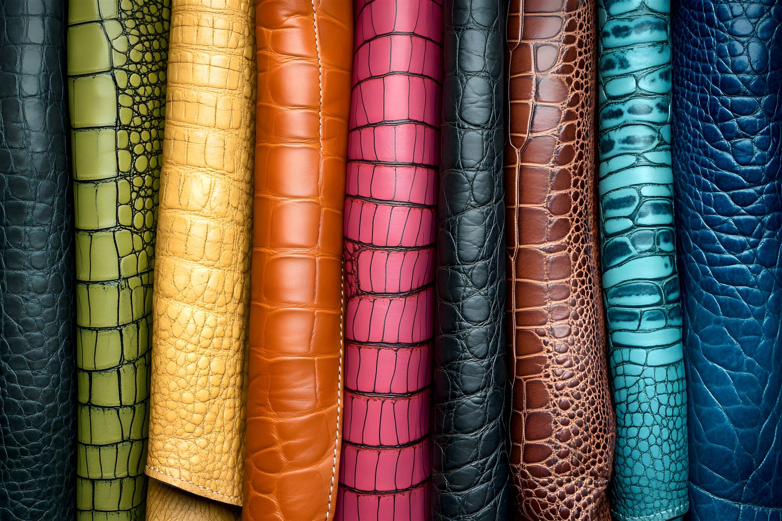 Rolls of finished leather in a range of colours and embossed grains